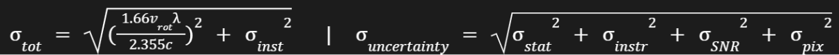 Equations for Gaussian rotational velocity and total uncertainty.